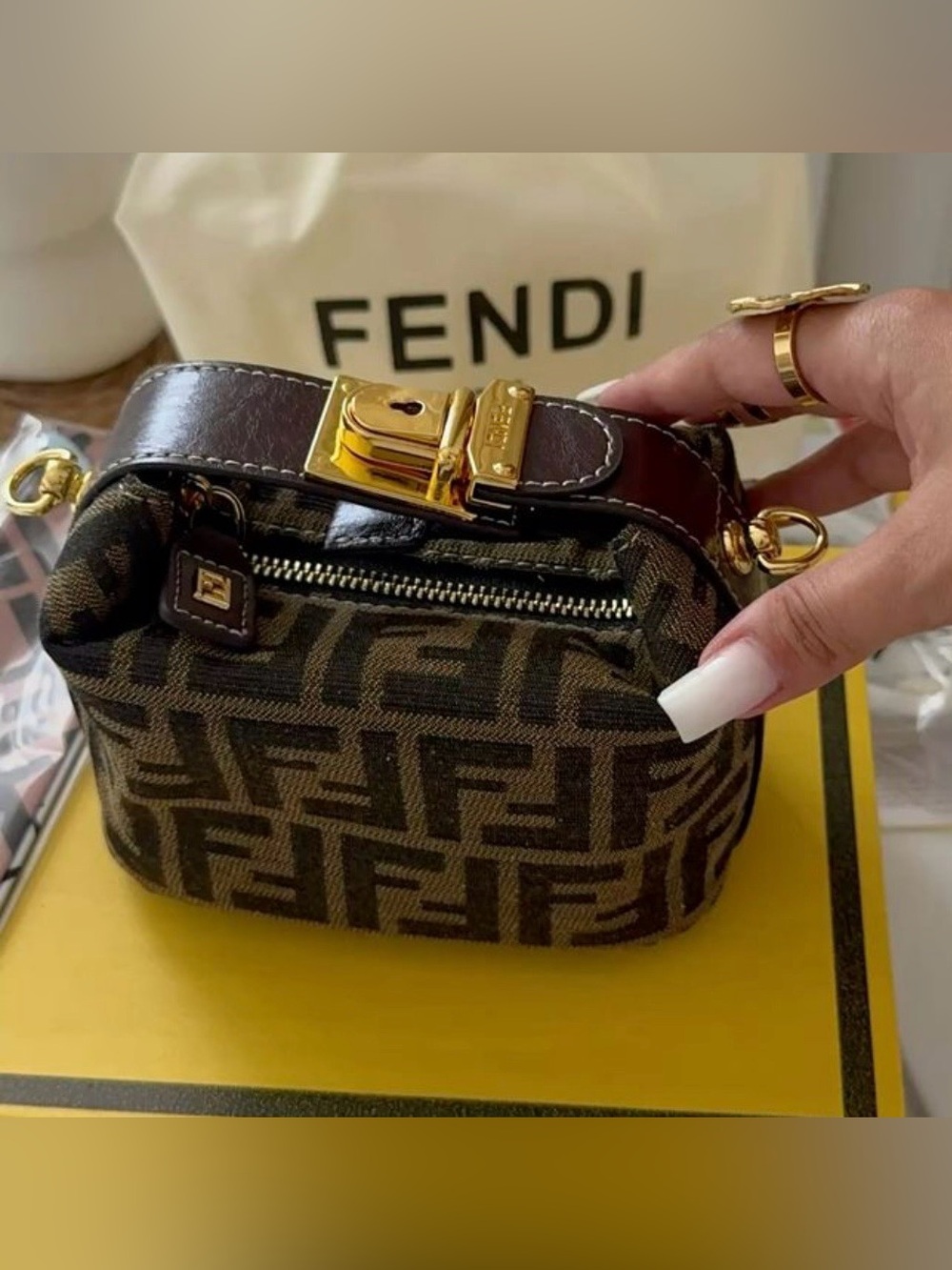Fendi Brown FF Monogram Mini Top-Handle Bag with Gold Hardware